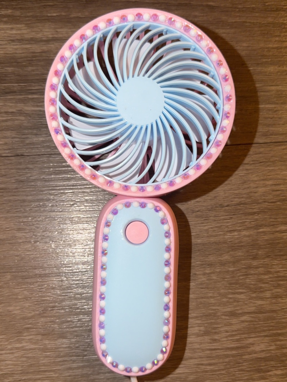 pink & blue handheld fan with purple & white rhinestones